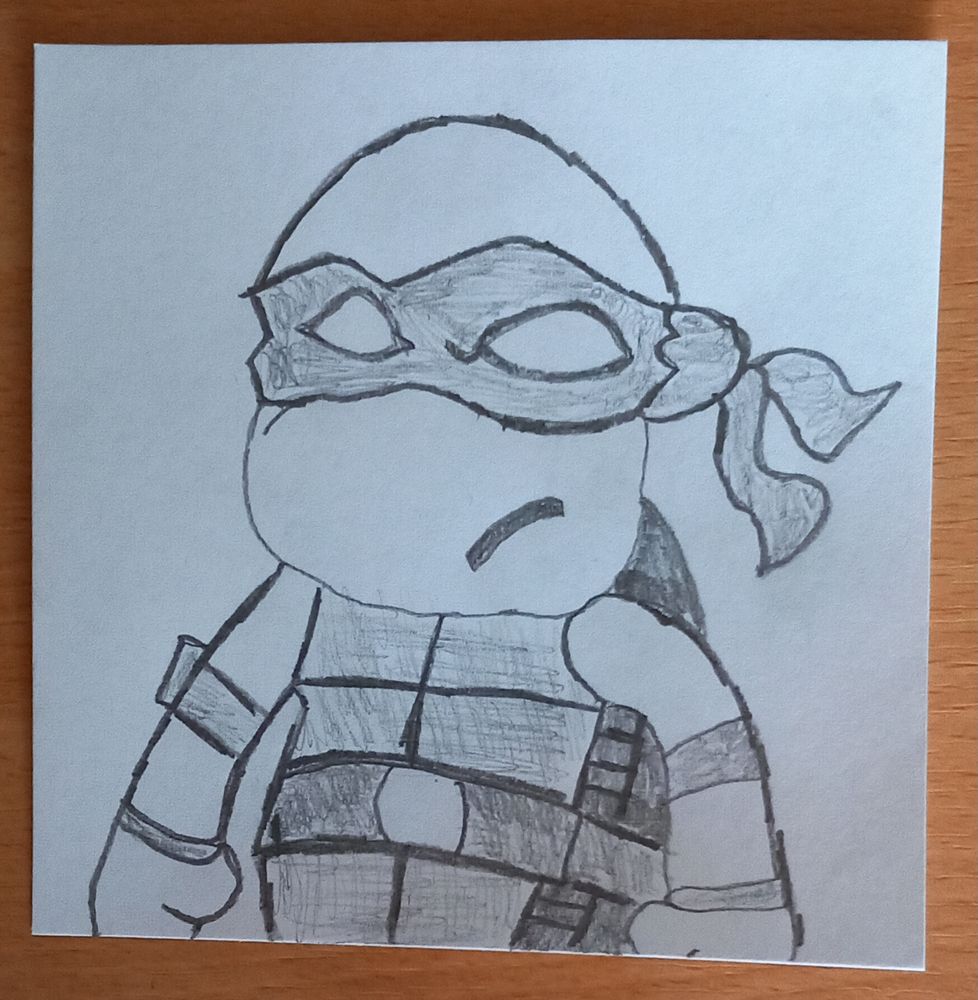 Pencil drawing of a Teenage Mutant Ninja Turtle. 
