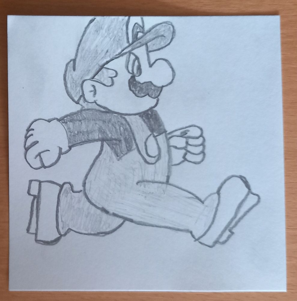 Pencil drawing of Mario jumping forward.
