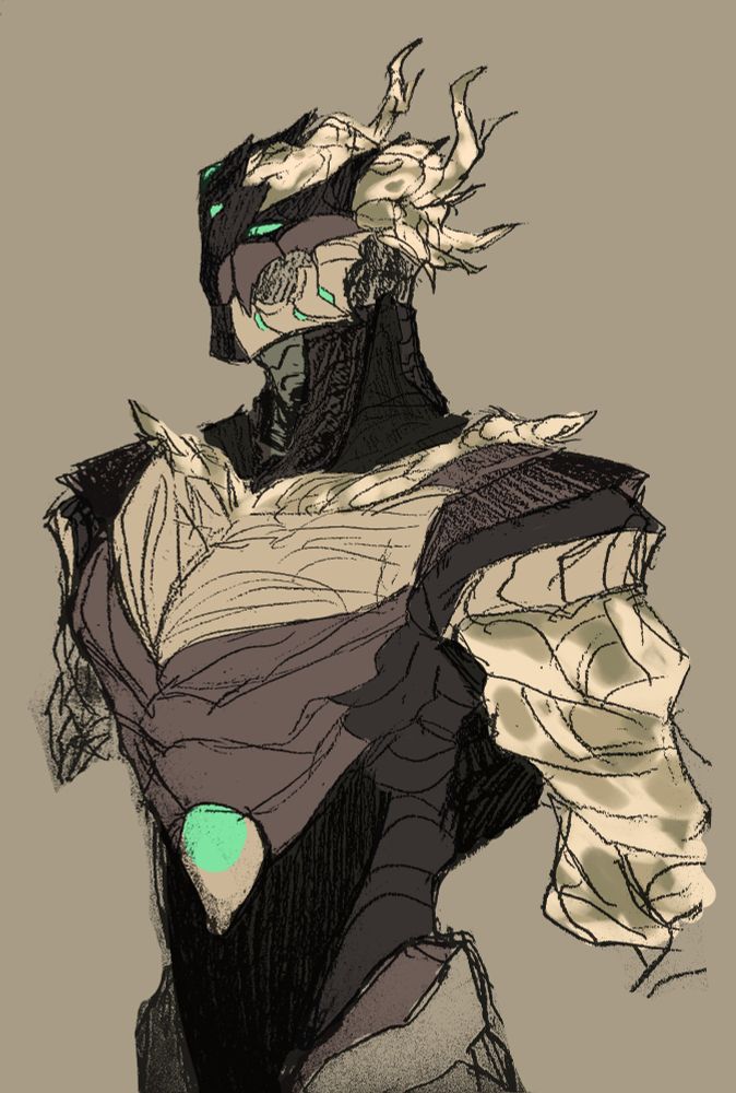 Work in progress colored sketch of a d&d warforged. He has a very hourglass shaped silhouette and is made of a warm dark metal, a black metal, a gun metal, and sycamore tree. His eyes and power core are a seafoam green color, with bits of light in his forehead and jawline. Sycamore branches at the back of his head mimic horns and the sycamore wood on his upper arms wind around the outside like a shell.