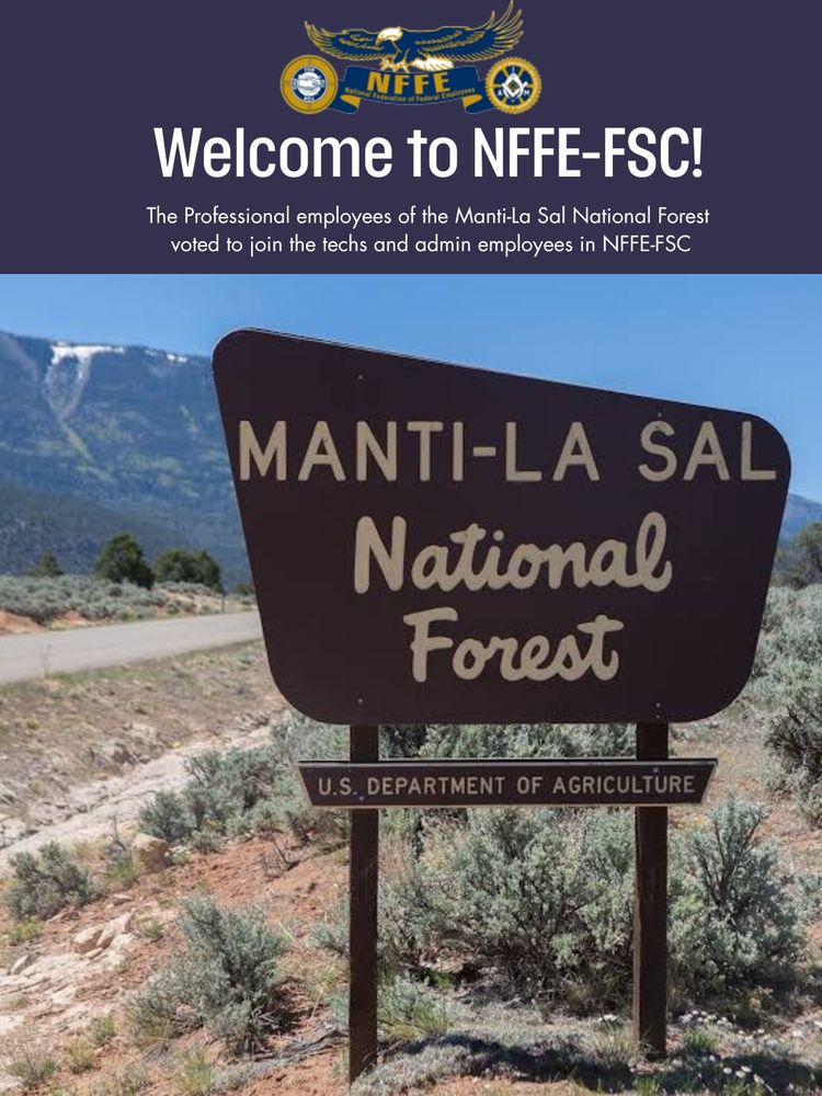 It's a photo of a forest portal sign for the manti-la sal national forest with a bit of one of the districts in the background.  At the top on a navy blue field is the nffe eagle, cogs and ribbon logo and text about welcome to nffe-fsc. 