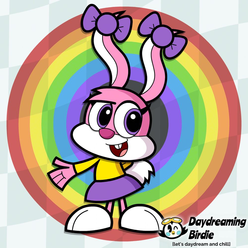 A digital illustration of Babs Bunny from Tiny Toon Adventures, a pink rabbit with a yellow shirt, a violet dress and two violet bows. She is waving to the viewer. Behind Babs is a rainbow ring with a black hole in the center and a light checkerboard background.