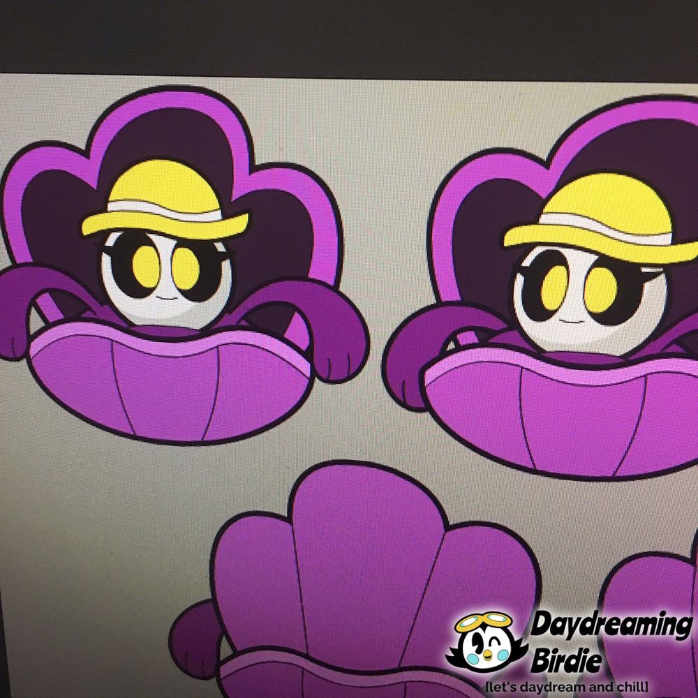 WIP turnaround image of Margalo, a purple clam with a pearl head.