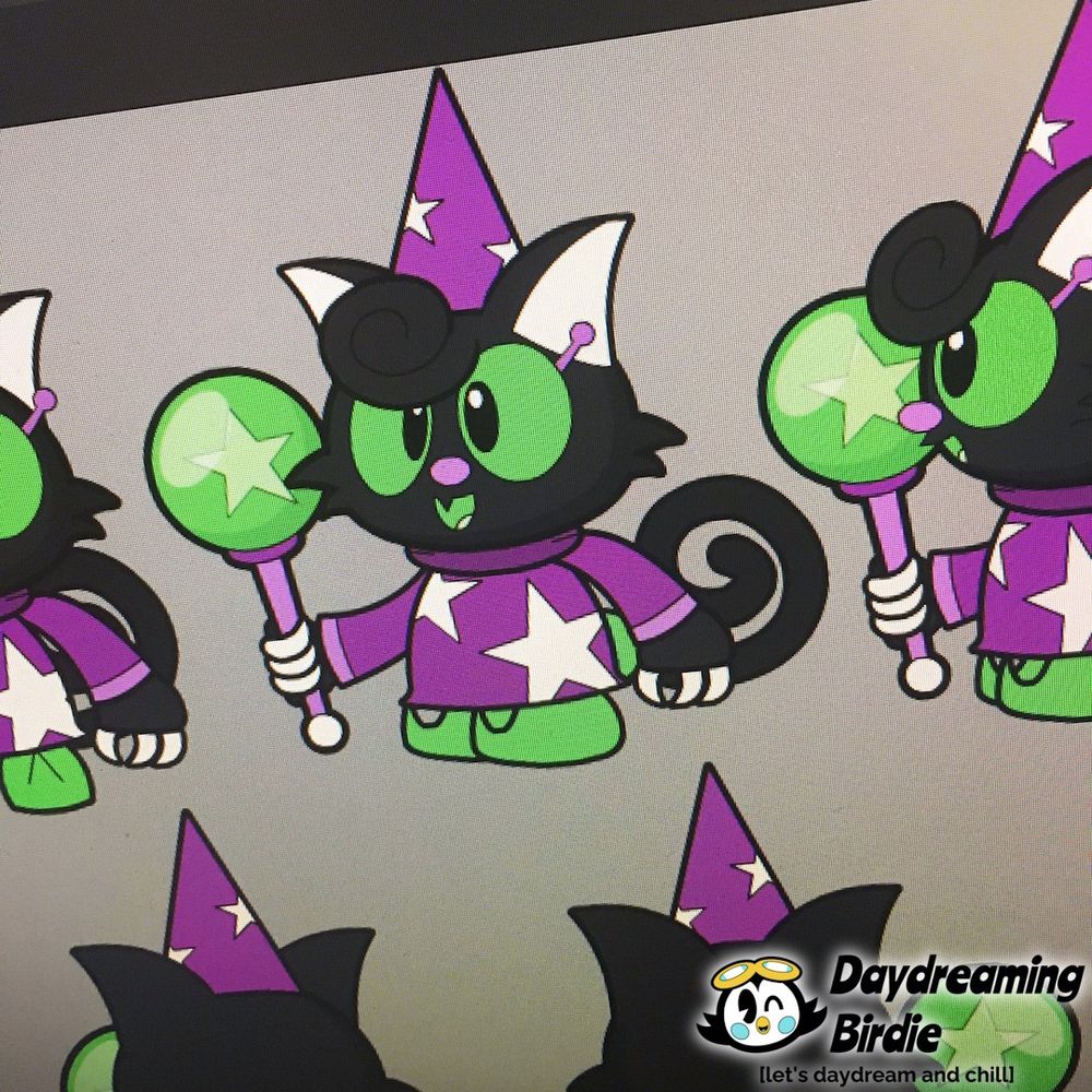 WIP turnaround image of Winona, a black mage cat in a purple robe.