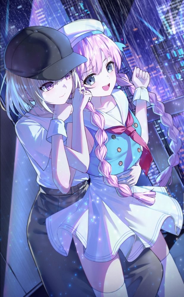A vivid anime-style illustration of two girls standing close together on a balcony at night, with a cityscape filled with lights and rain in the background. The girl on the left has light blonde hair, purple eyes, and wears a black cap, white shirt, and dark skirt. She has a confident, relaxed smile. The girl on the right has long pink braided hair, blue eyes, and is dressed in a light blue sailor-style dress with a red tie. She is smiling brightly and leaning into the other girl, looking cheerful and excited. Sparkling effects and soft lighting add a magical feel to the scene.
