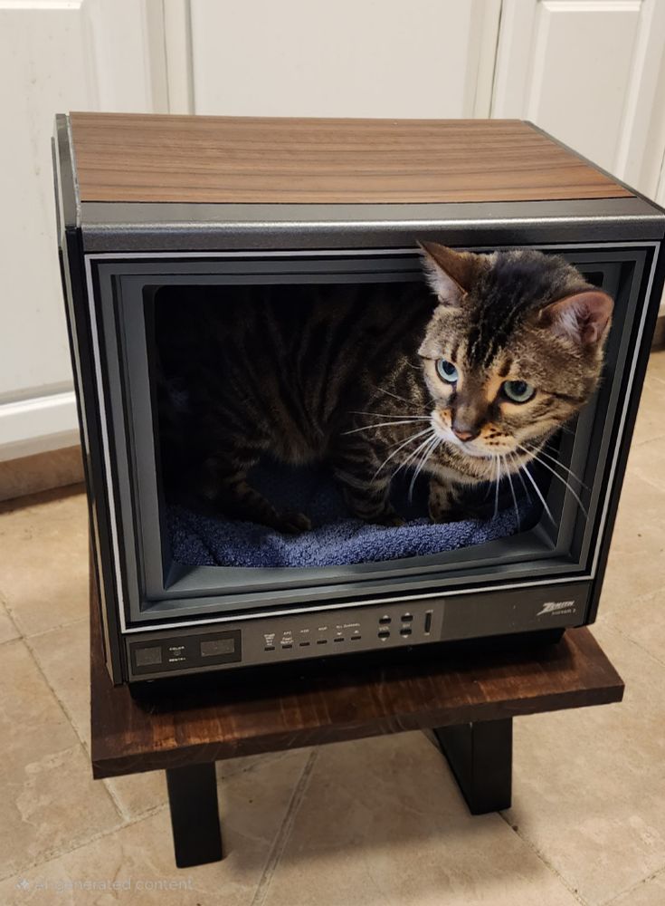 My bengal cat, Nova, checking out the cat bed made from a gutted old TV.