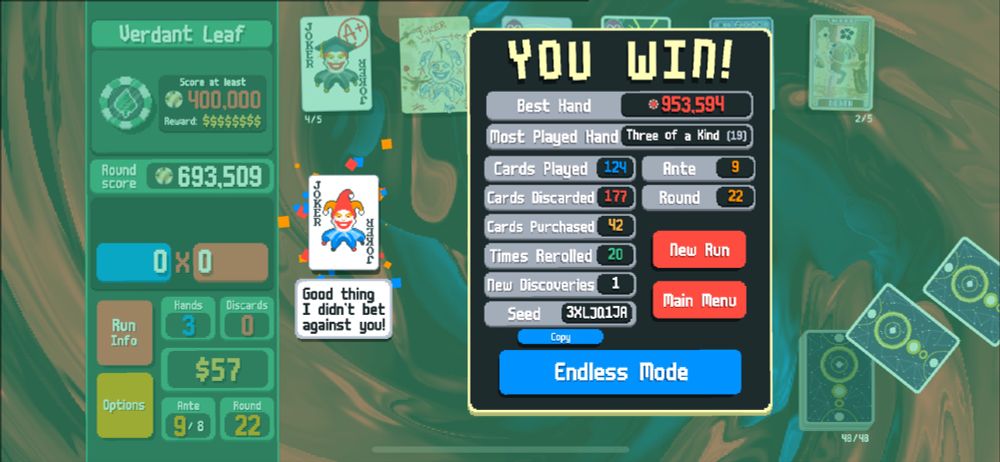 Balatro on gold stake win screen