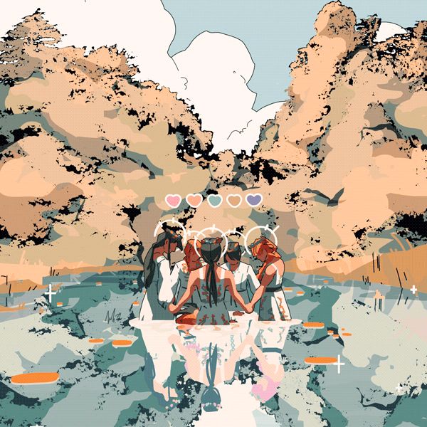 an animated illustration of five women holding hands over a sinking body in a lake. the environment is bright and colorful. They are all dressed in white and floral outfits.