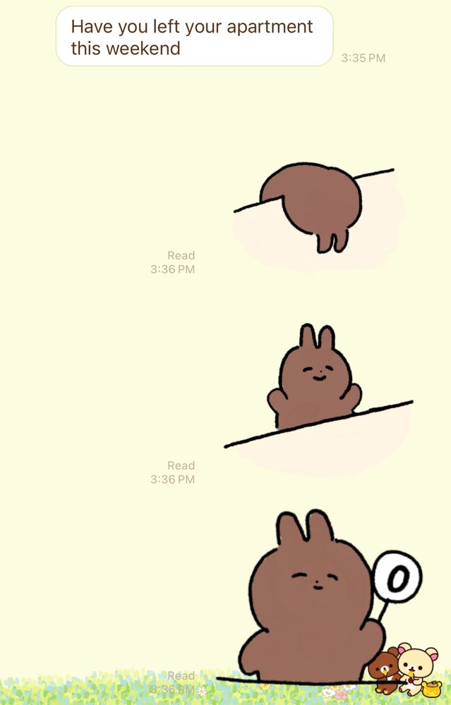 Screenshot of my chat with a friend where they say “have you left your apartment this weekend” and I send a series of bunny stickers that comically compile to me saying no (I am very funny)