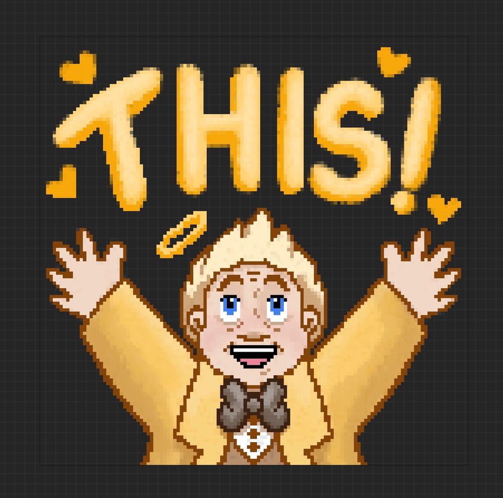 Pixel art of Aziraphale lifting his arms in the air the words ‘THIS!’ Above him 