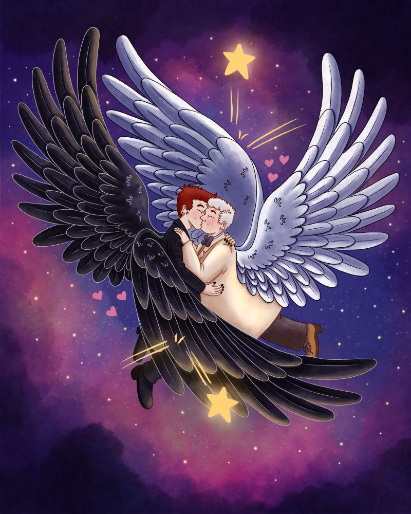 Aziraphale and Crowley having one fabulous kiss amongst the stars as 2 shooting stars beat against their wings 