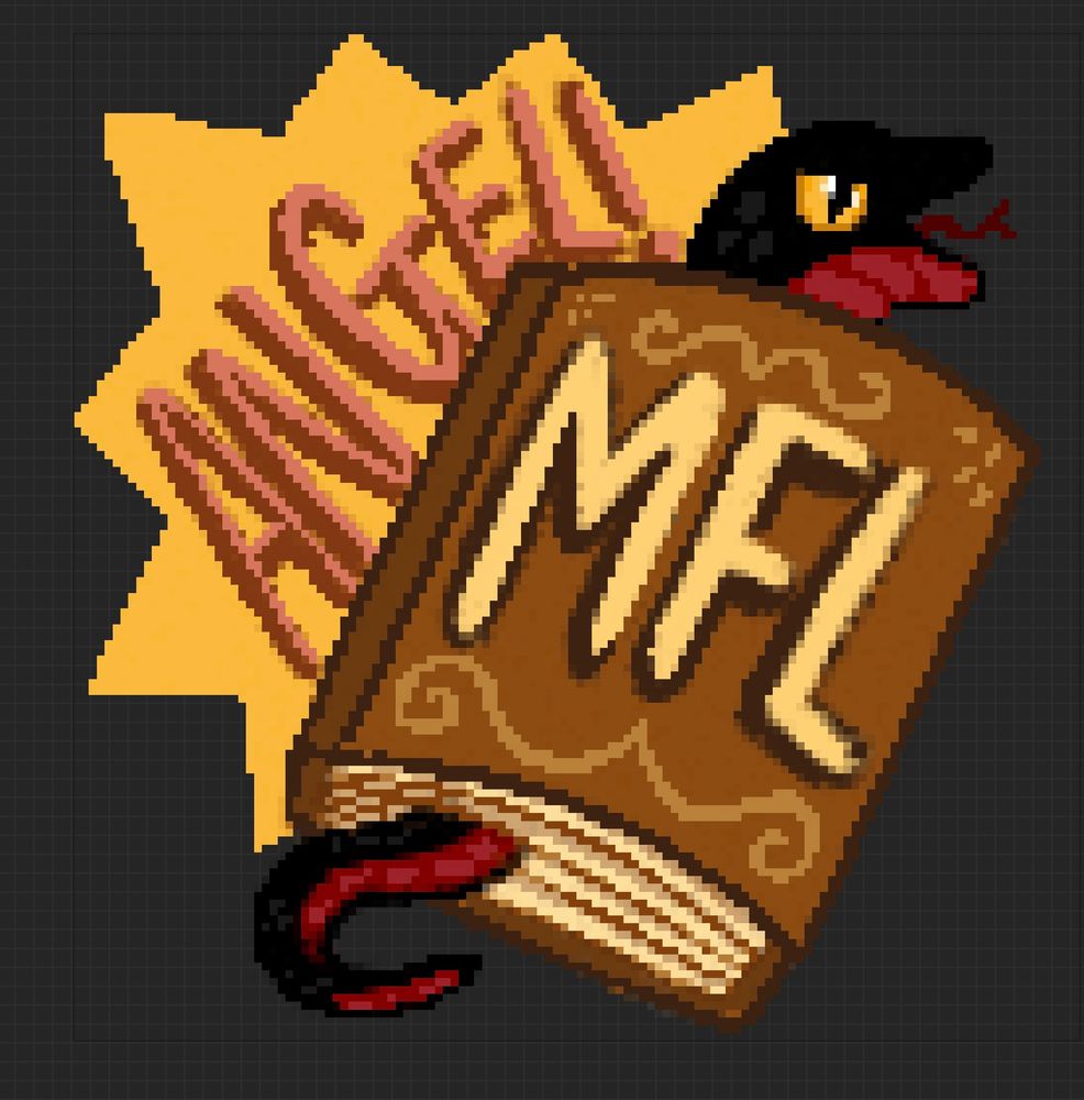 Pixel art of an annoyed snake Crowley trapped inside a book that says ‘MFL’ (mark for later) he is shouting ‘ANGEL!’ 