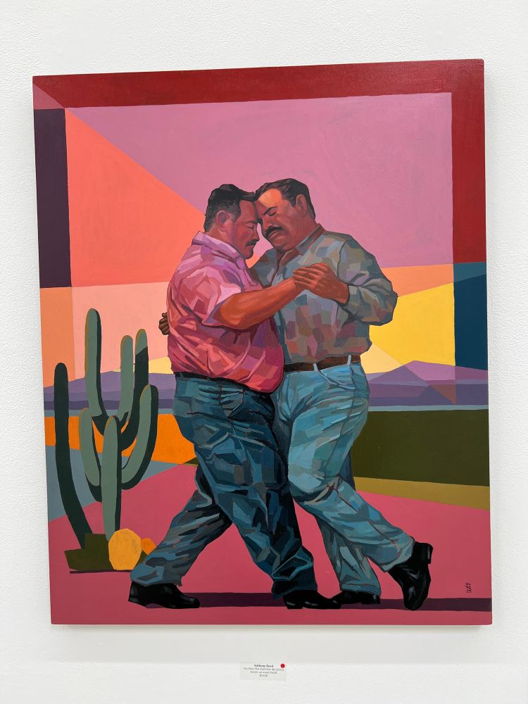 Two men, holding each other in an intimate, synchronized dance, are surrounded by a desert landscape and agave/cactus forms. The body language suggests vulnerability and mutual trust.
	•	Themes: Queer masculinity, Latinx/Chicanx identity, nostalgia, public intimacy.
	•	Palette: Muted yet warm sunset tones—reds, oranges, and violets.