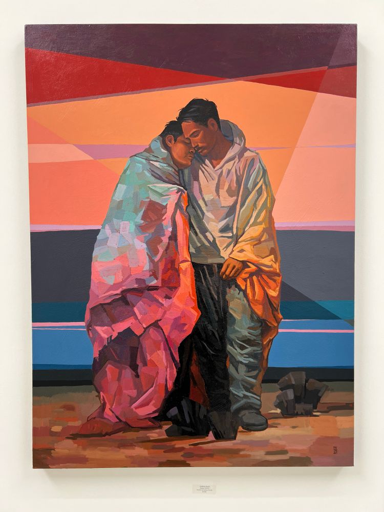 This image of two men draped in a blanket conveys profound tenderness and care. Their postures—one leaning on the other—evoke themes of support and shared softness.
	•	Visual Language: Quilt-like abstraction in the blanket hints at home, belonging, and ancestral memory.
	•	Backdrop: Horizon lines and diagonal color fields echo both sunrise and sanctuary.