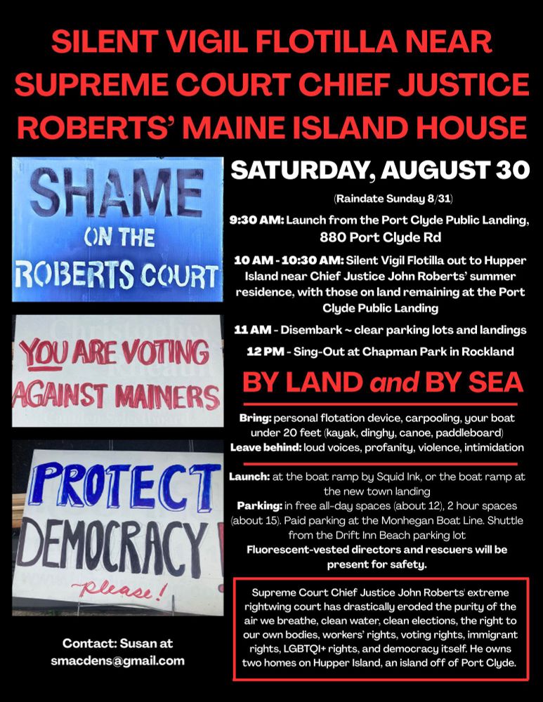 Poster for silent flotilla near Cheif Justice John Robert's Maine Island House. Port Clyde Public Landing