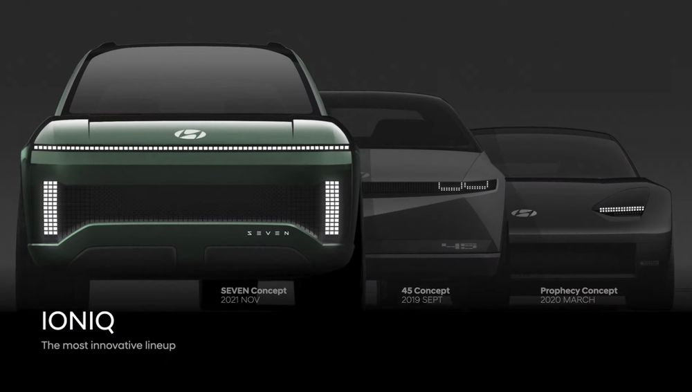 Three Hyundai/Kia electric vehicles, looks like the Ioniq 9, Ioniq 5, and the EV6 maybe