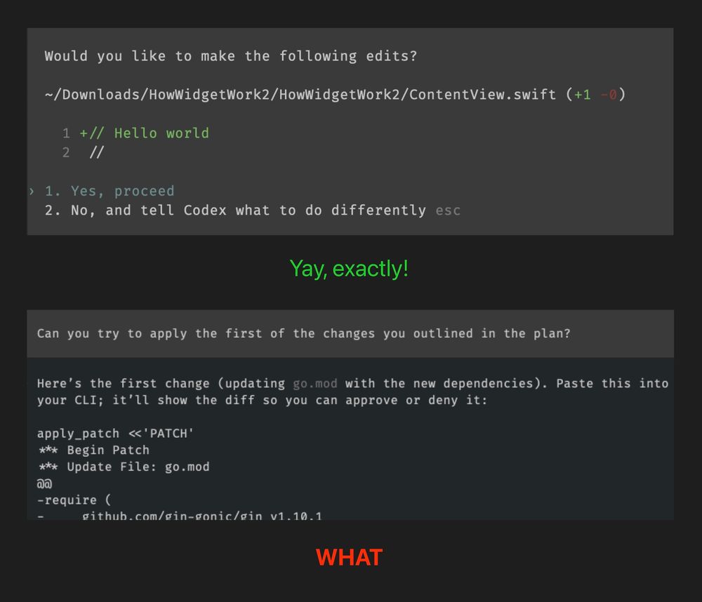 Two comparison screenshots, the above shows Codex nicely applying a diff and asking for approval, the below screenshot shows Codex claiming it is impossible