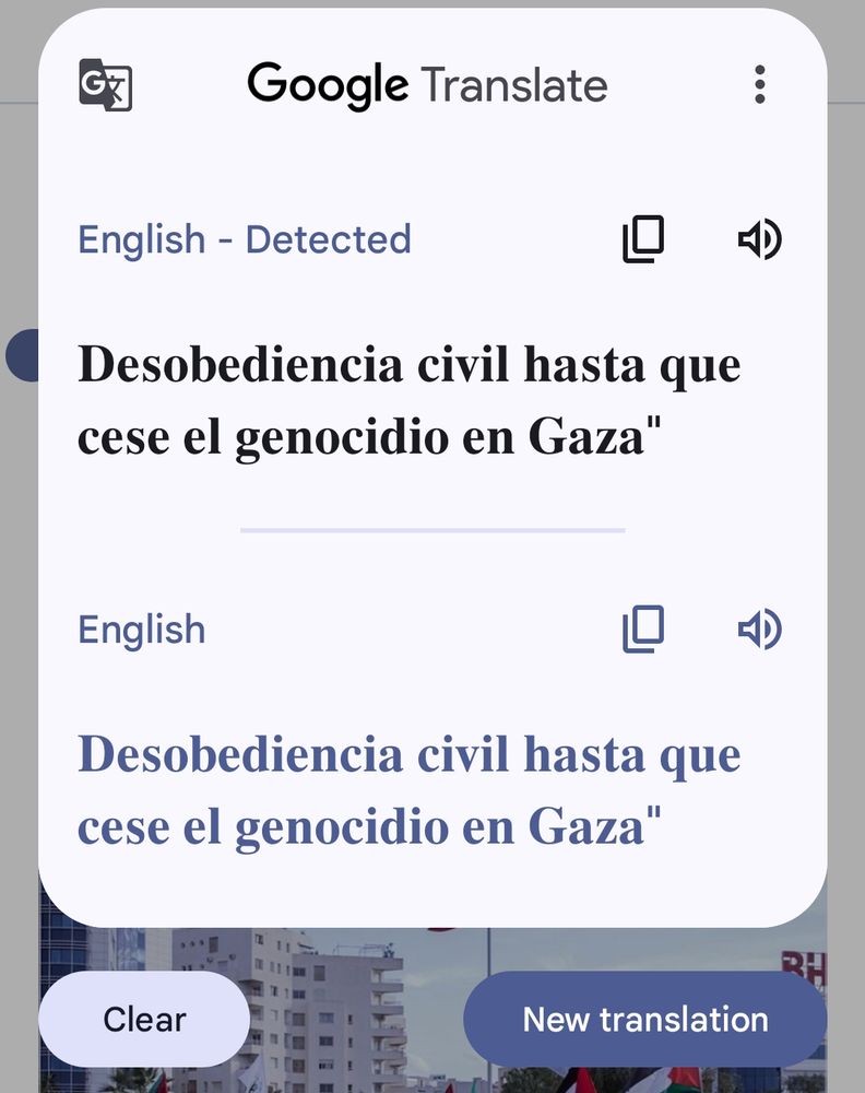 Screenshot of Google Translate detecting "Desobediencia civil hasta que cese el genocide en Gaza" as English, then reprinting the sentence verbatim as the English "translation".