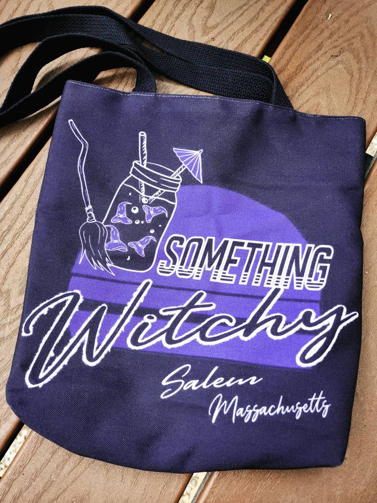 4 pictures of a tote bag with my Something Witchy design based on The Swede's crop top. 