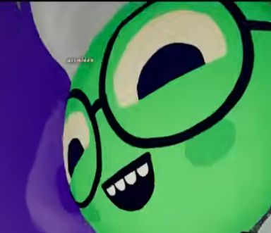 A close up of a PEAK (video game) character face, his upper teeth visible and his eyes upward facing half circles