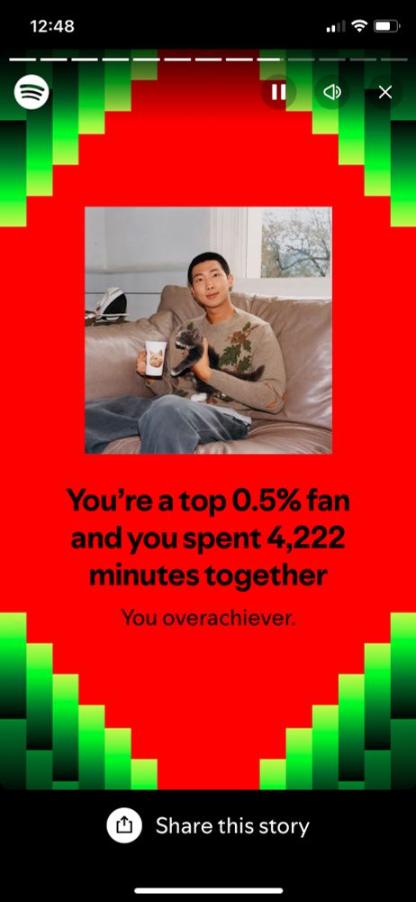 Spotify wrapped red page with RM holding kitten and mug. Text says You're a top 0.5% fan and you spent 4,222 minutes together.
You overachiever.