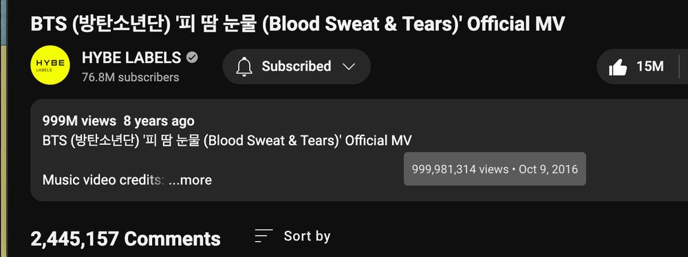 Screenshot of Blood, Sweat, and Tears MV title banner with 999,981,314 views, 15M likes, and 2,445,157 comments listed.