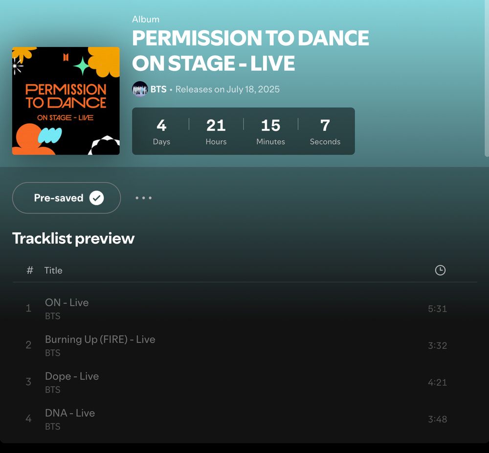 PTD On Stage Spotify Pre-saved notification.