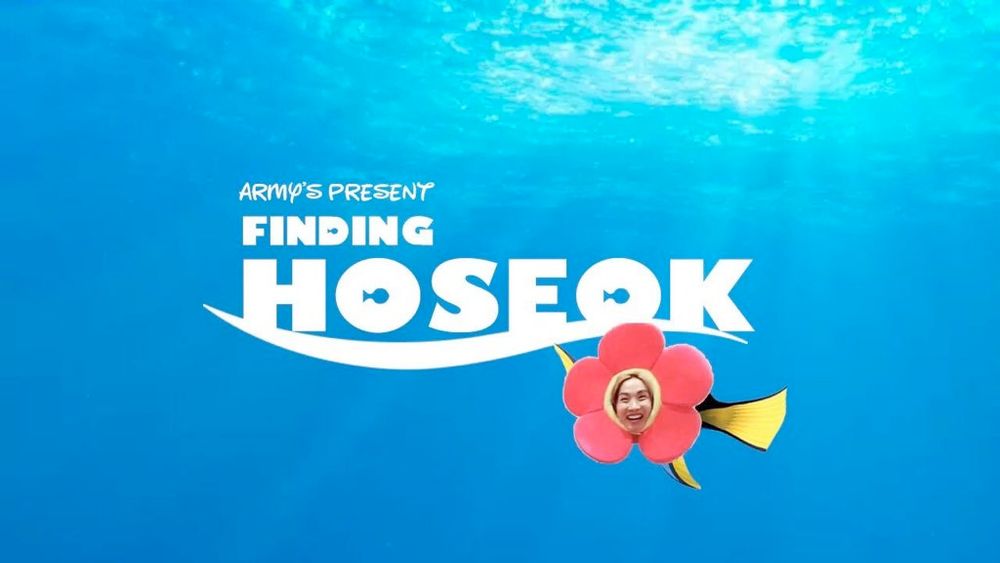 Finding Nemo movie ocean background cover edit that says "Army's present finding Hoseok" and Nemo's image has Hobi's head in a flower stuffy. 