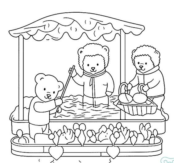 desenho todo esquisito desses de colorir novos que surgiram. o desenho consiste em três personagens, um urso e dois outros animais que parecem uma mistura de urso e ovelha. um desses personagem está no centro e parece ter água em volta dele, uma parte da estrutura ao redor lembra um barco, porem os demais personagens parecem estar fazendo coisas de jardinagem/horta e vários elementos estão disfpr.es e irreconhecíveis