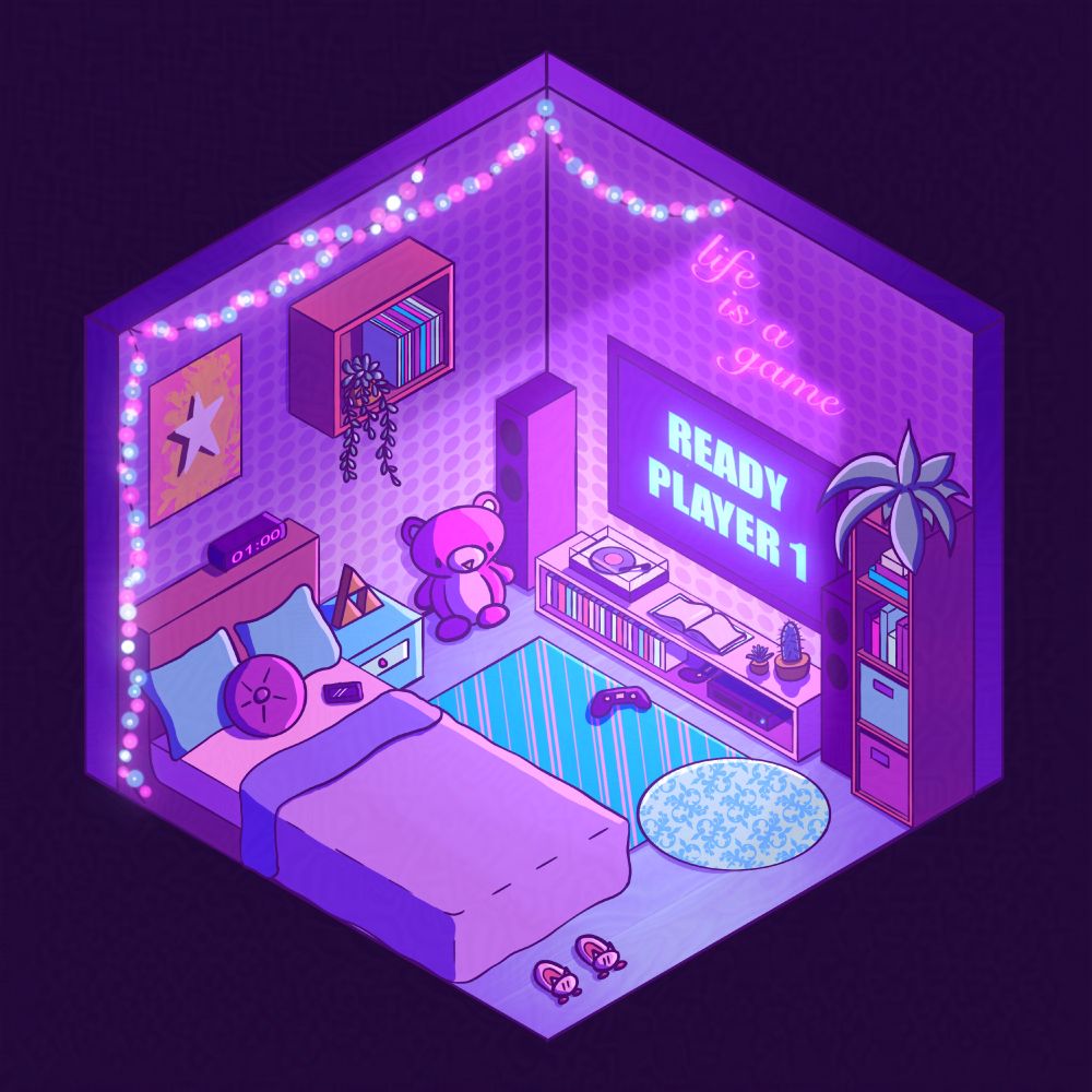 Cartoon isometric drawing from above of a cute, purple tinted room with a cozy bed, rugs, books, video games, records, and plants on bookshelves, and a string of pink and blue twinkle lights along the walls. A pinkish neon sign on a wall says "life is a game" over a large TV screen with the words "Ready Player 1". A shelf under the TV has a record player, open blank book, gaming console, and a gaming controller waiting expectantly on the rug. 