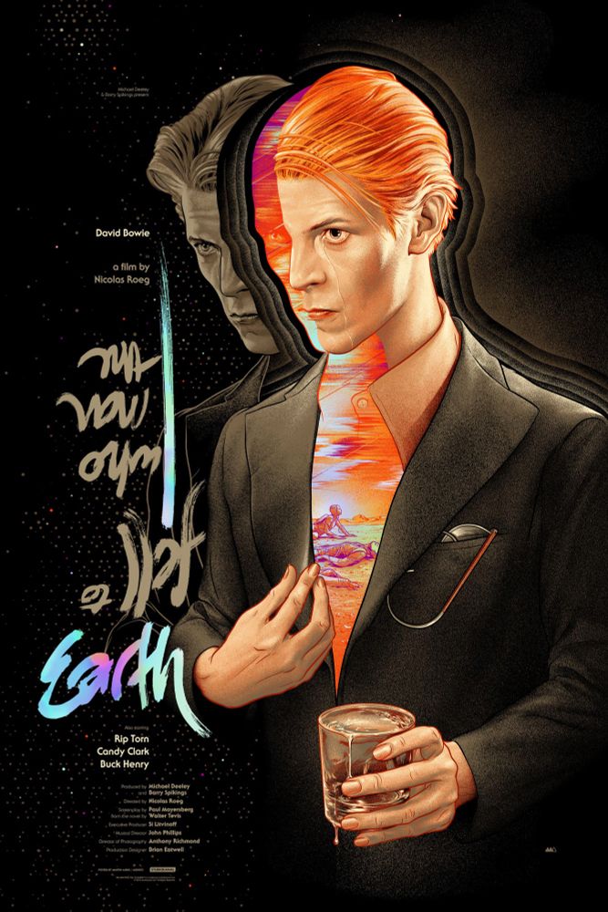 Movie poster for the 1976 British science drama “The Man Who Fell to Earth”, starring David Bowie. Rendered for screen printing, it used 12 separate colors on a reflective foil. Martin Ansin, 2018.