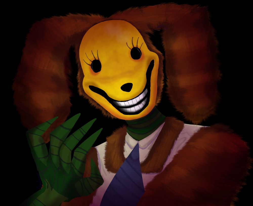 Photo of “The Pumpkin Rabbit” from the Walten Files holding his green hand to his face. Originally, there was a little splatter on his hand and face from his crimes, but he took a shower in this version so it is allowed to be uploaded.