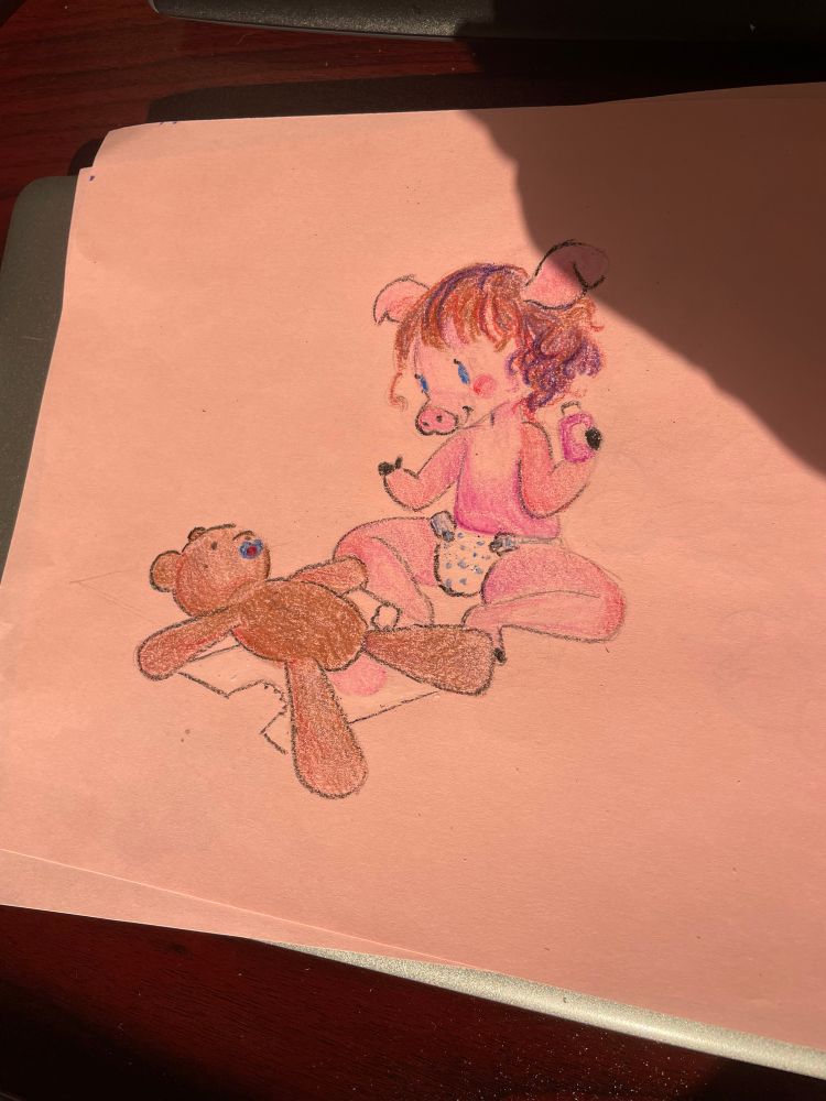 a little pig practicing her changes on a plushie