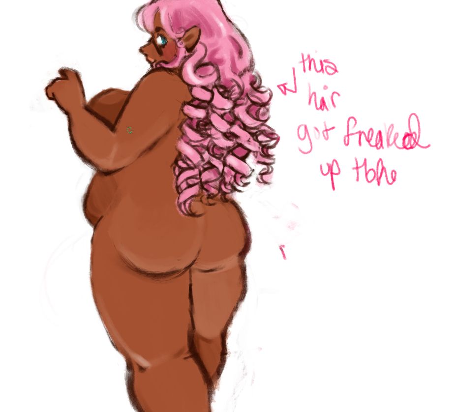 fat elf with pink hair and I left the damn cursor in the drawing can you believe it dude. Like it's  right on her arm. it looks like a water stain on my screen so I didn't like investigate it enough. there's also writing that says this hair got freaked up tbh because honestly i was just a bit unhappy with it i couldnt carve out a sketch I liked enough SIGH
