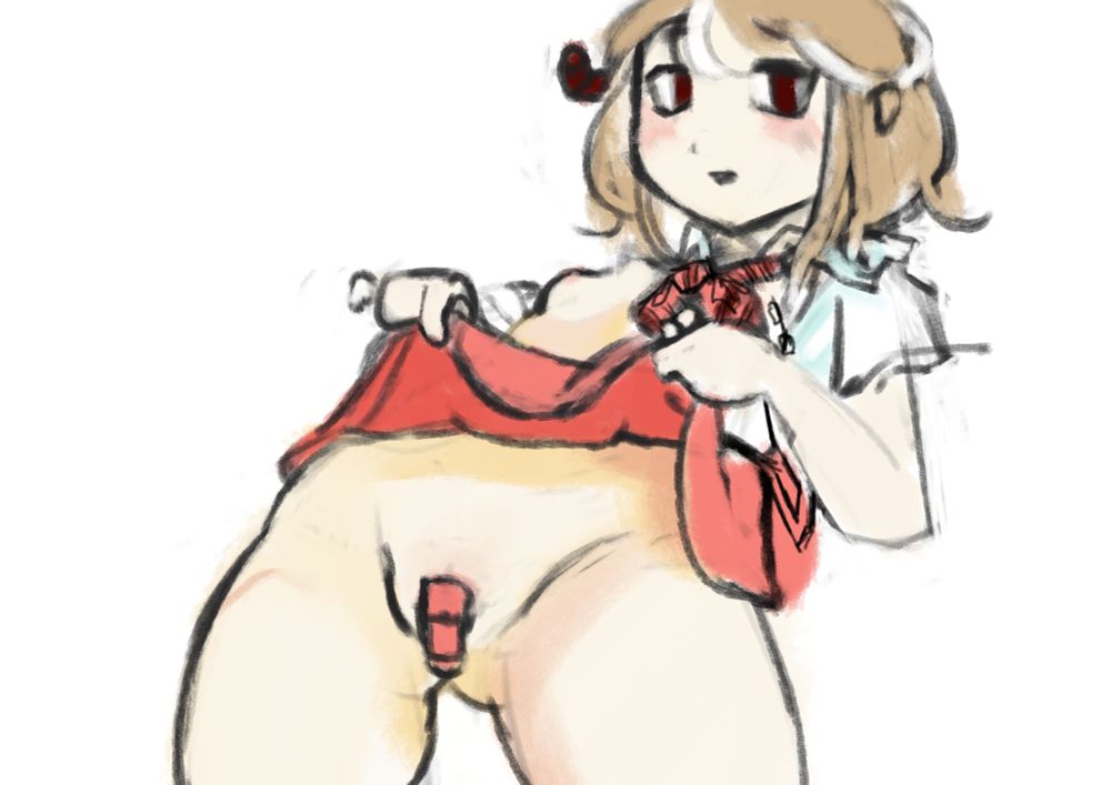 demon girl with one horn picks up her skirt to reveal her vagina covered with a bandaid