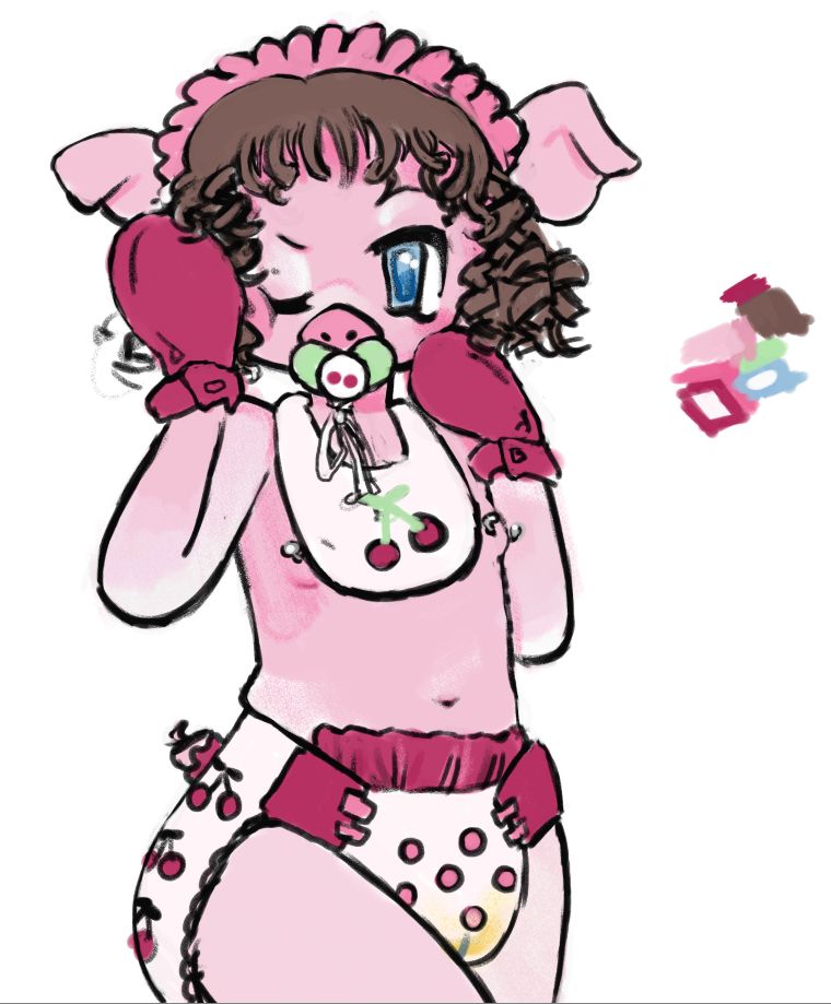 piggy in mitten restraints and cherry themedpamps, bib and  paci. and a pink bib