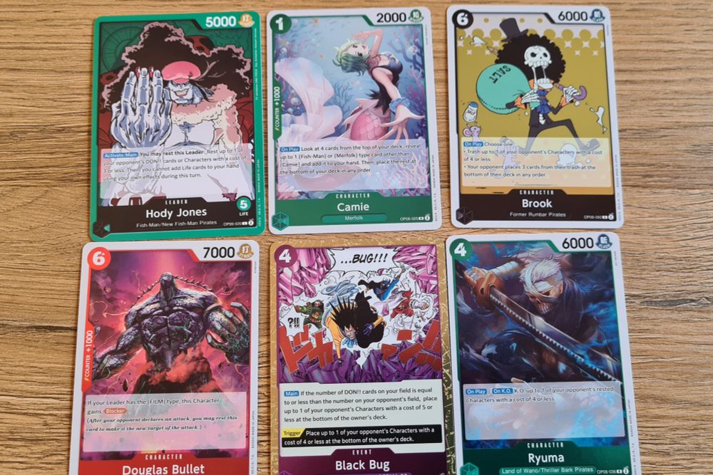 Cards inside the packs: Hody Jones, Camie, Brook, Douglas Bullet, Black Bug, Ryuma 