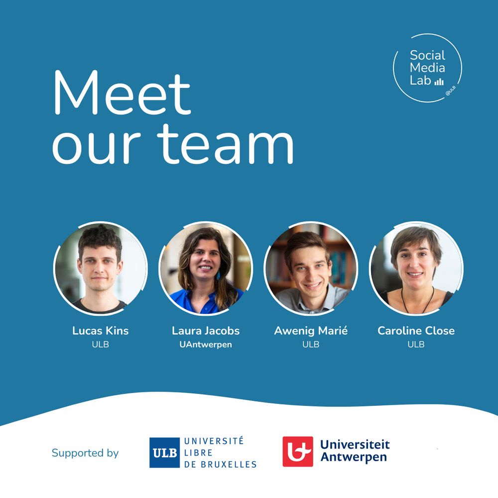Meet the team of the Social Media Lab (SML): Lucas Kins (ULB), Laura Jacobs (UAntwerpen), Awenig Marié (ULB), and Caroline Close (ULB).