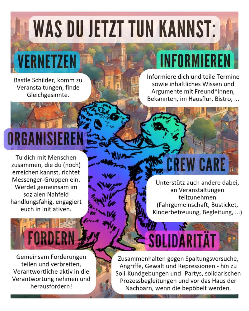 Im Hintergrund ist ein warm erleuchtete gemalte Stadt. Eingefügt sind zwei gezeichnete Erdmännchen, die sich stehend gegenseitig sanft die Hände auf die Schultern legen. Der Hintergrund ist in einem Farbverlauf von Mintgrün über blau und lila bis Magenta eingefärbt. In dem gleichen Farben sind die Ober-Punkte, was Menschen tun können, eingefärbt.