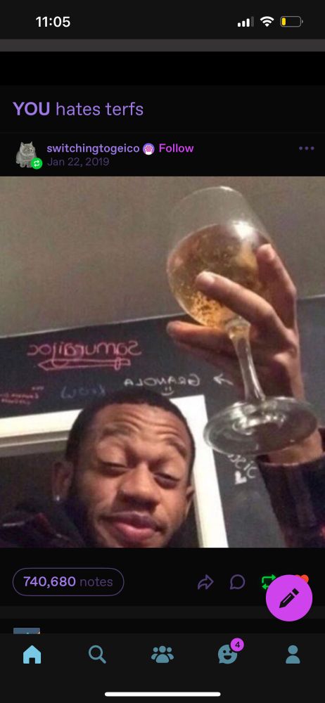 A post that says “YOU hates terfs” and a reaction image of a black guy with his eyes closed toasting with white wine in a wineglass.