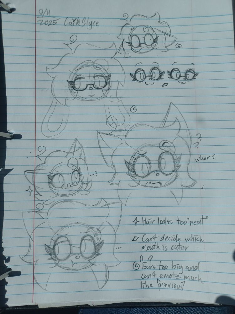 Various sketches of my fursona BluBerri, experimenting with swapping between old and new parts of her designs.
The notes read as follows:
- [Current] Hair looks too neat
- Can't decide which mouth is cuter (snaggle tooth/fang vs. buck tooth)
- [Bunny] ears [are] too long and can't emote much like [the] previous (fox-like ears]