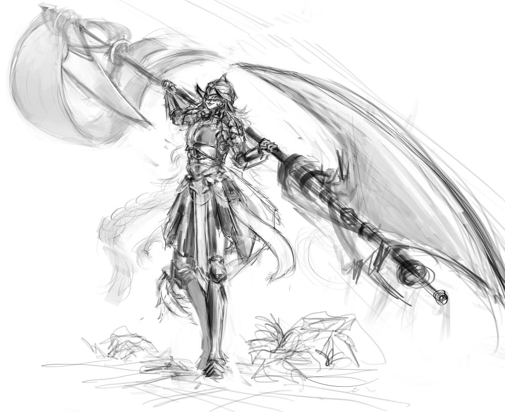 Sketch of my draconic knight Heru with her giant axe. 
