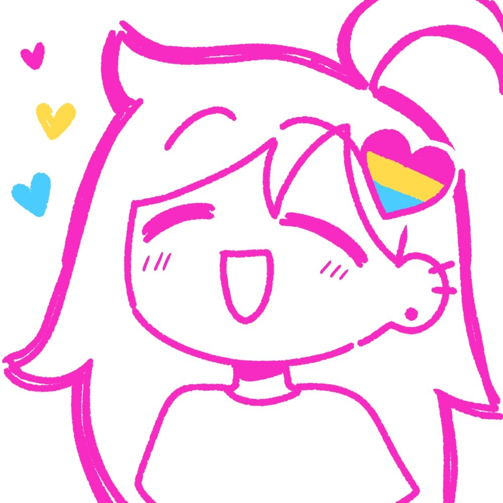 A doodle of a character with long hair and earrings. They have a pansexual pride flag colored hair clip in the shape of a heart