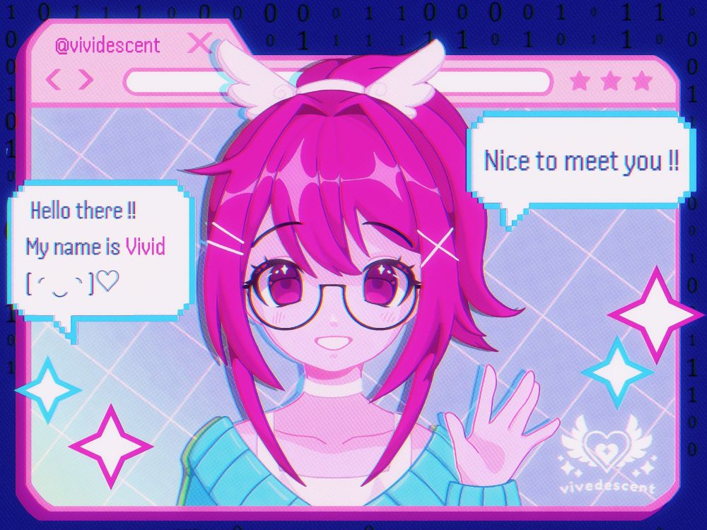 A digital drawing and design banner of online artist vividescent's persona. She is waving from a computer window, saying "hello there !! My name is Vivid" and "Nice to meet you!!"