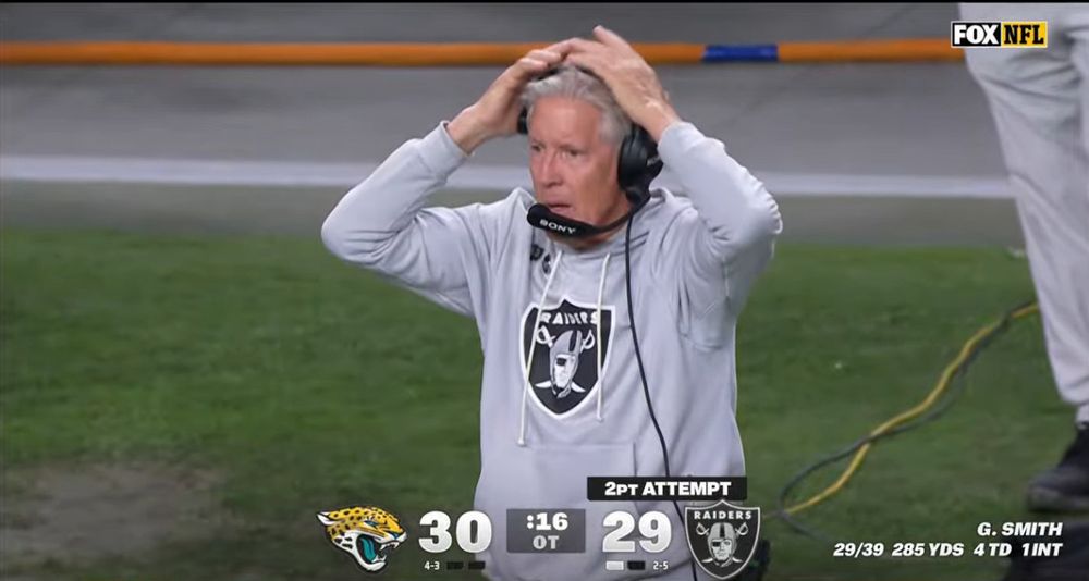 Pete Carroll in shock at what has happened in front of him. 