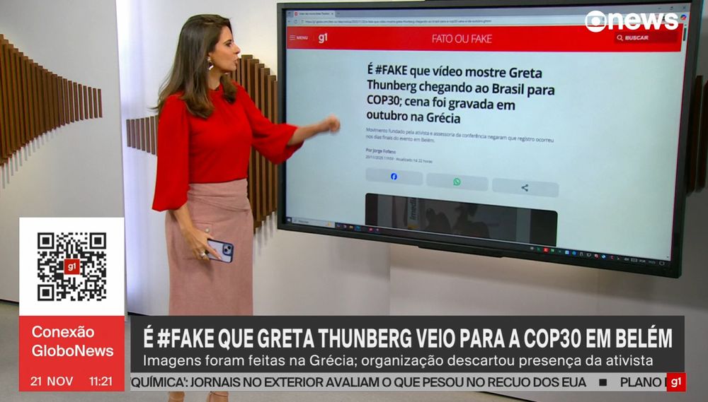 Globonews desmentindo fake news sobre Greta Thunberg chegando ao Brasil para a COP em uma suposta recepção festiva.