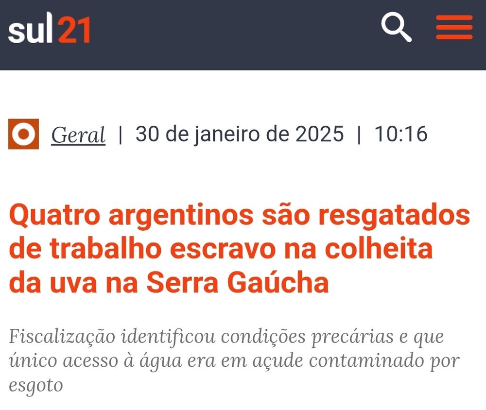 Sul 21: quatro argentinos são resgatados de trabalho escravo na colheita da uva na Serra Gaúcha 

Fiscalização identificou condições precárias e que único acesso à água era açude contaminado por esgoto. 
