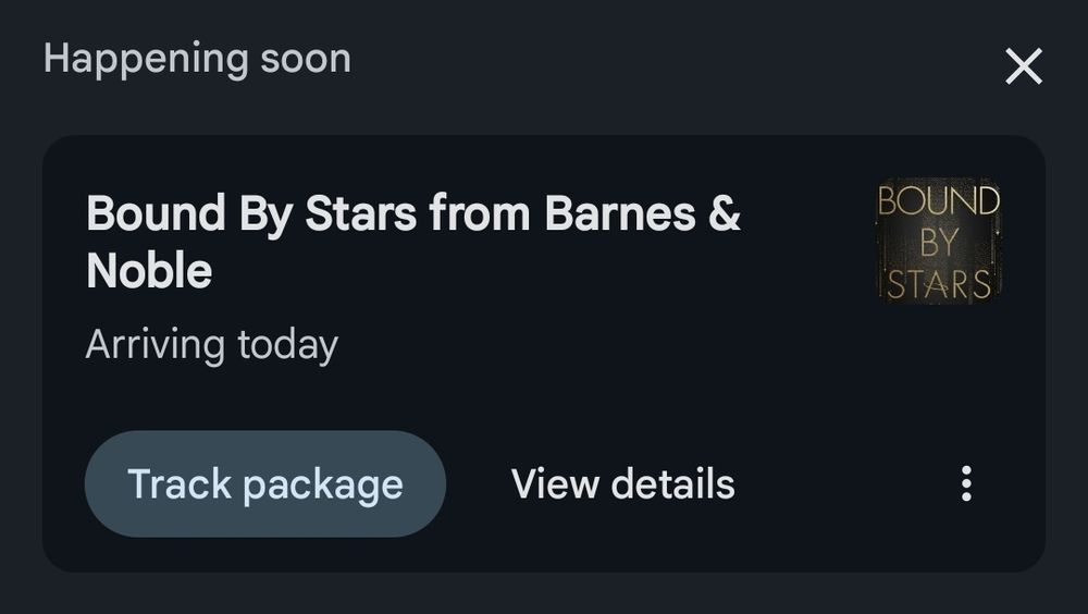 screenshot of a barnes and noble shipping notification for my pre-order of bound by stars by E. L. Starling!!