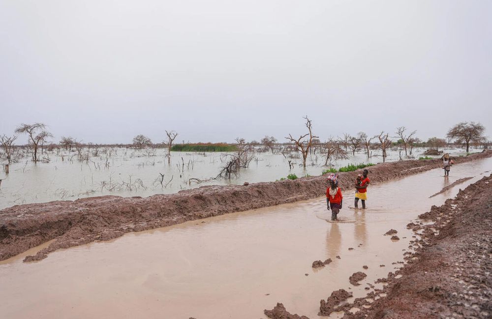 People displaced by flooding carry children and belongings along a waterlogged road in Bentui, South Sudan, in July 2024