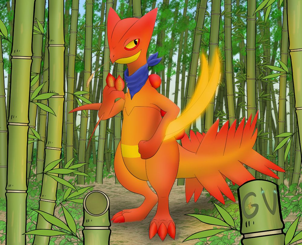 A Sceptile ninja, Autumn colour scheme, using leaf-like objects as weaponry.