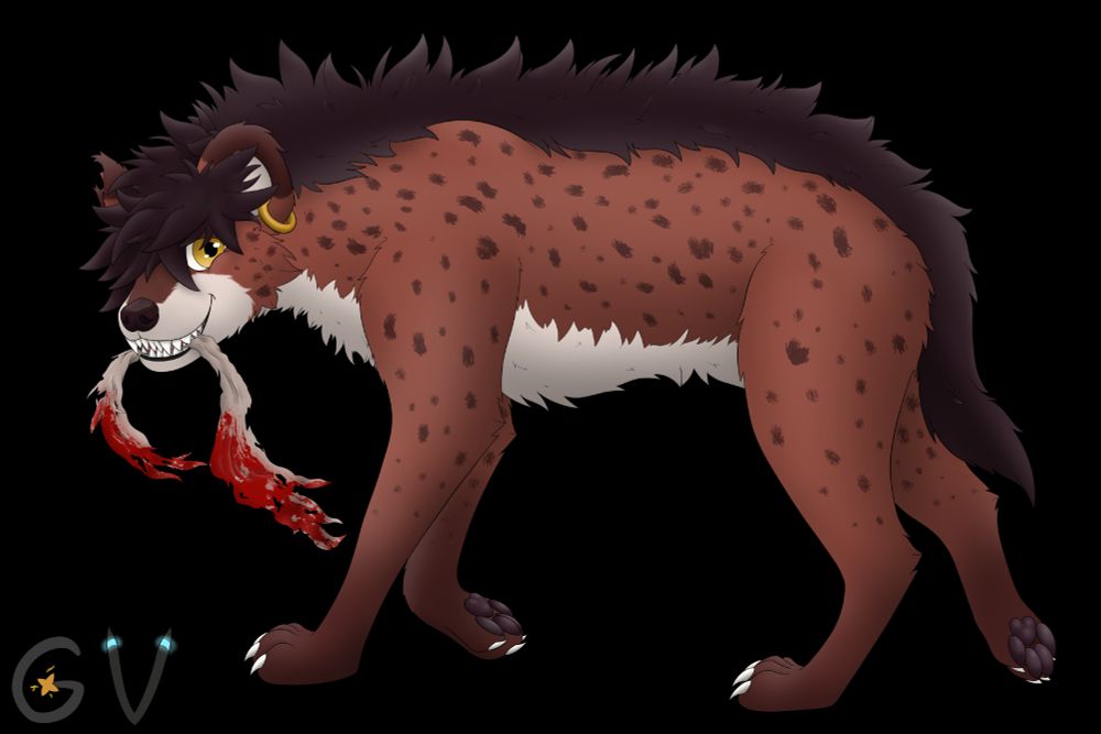 Hyena with earring holding bloodied tattered cloth.